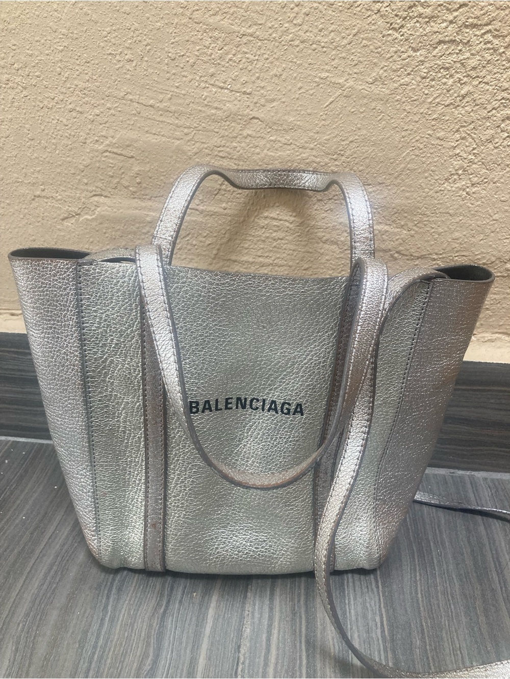 Balenciaga Metallic Silver Leather Tote with Dual Straps